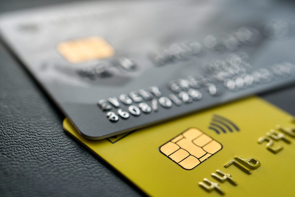 Close-up shot of a debit or credit plastic cards.