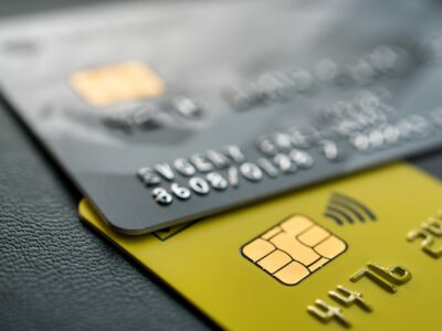 Close-up shot of a debit or credit plastic cards.
