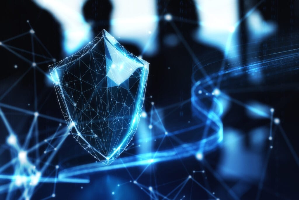 Wireframe concept of a shield on dark blue background. 3D Rendering