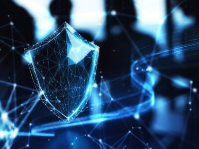 Wireframe concept of a shield on dark blue background. 3D Rendering